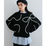 ブラック(01) | 【新色追加】【洗える】ハート＆リボンコード刺繍ニットプルオーバー | VIS 