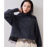 ネイビー(40) | ラメフェザー裾レースハイネックニット | VIS 