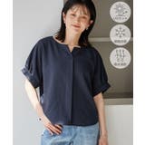 ネイビー(40) | エアリーリネンライク キーネックブラウス/接触冷感・UVカット・速乾 | ROPE' PICNIC