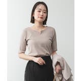 GRAY-BEIGE | キーネックコットン5分袖トップ レディース 大きいサイズ | JungleJalopy