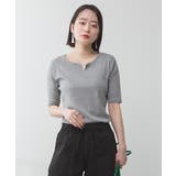 M-GRAY | キーネックコットン5分袖トップ レディース 大きいサイズ | JungleJalopy
