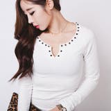 スパイスを与えたネックラインポイントスタッズ装飾長袖Ｔシャツ | KawaiCat | 詳細画像3 