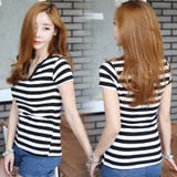 Vネックがすっきりとした印象を与える♪ベーシックデザインストライプ柄Vネック半袖… | KawaiCat | 詳細画像3