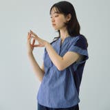 ダークネイビー | ストライプフェイスキーネックブラウス≪洗濯機で洗える≫ | VICKY