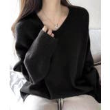 ブラック | Vネックサイドスリットニット レディース トップス | SHUSHU
