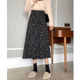 ブラック | 小花柄 フレアスカート Aラインスカート | SHUSHU