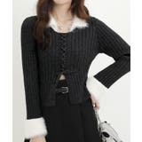 ブラック | ファー配色レースアップリブニット トップス ニット | kirakiraShop