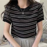 ブラック | 配色ボーダーサマーニットトップス トップス サマーニット | kirakiraShop