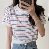 ホワイト | 配色ボーダーサマーニットトップス トップス サマーニット | kirakiraShop