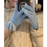 ブルー | 指穴付きパールリボンニットグローブ 小物 ニット手袋 | kirakiraShop 