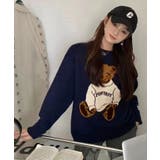 ネイビー | クルーネックベアデザインニット トップス ニット | kirakiraShop