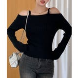 ブラック | ストラップオフショルダーリブニットトップス トップス ニットソー | kirakiraShop
