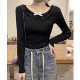 ブラック | レースフリルリブニットトップス トップス ニットソー | kirakiraShop