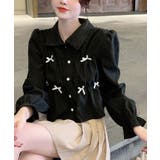 ブラック | 襟付きギャザーリボンブラウス トップス ブラウス | kirakiraShop