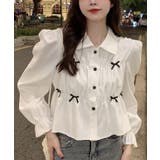 ホワイト | 襟付きギャザーリボンブラウス トップス ブラウス | kirakiraShop