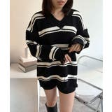 クラッシュデザインVネックボーダーニット 3色 トップス | kirakiraShop  | 詳細画像2 