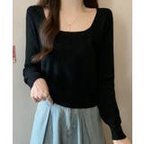 ブラック | スクエアネックシンプルニットソー カットソー ニット | kirakiraShop