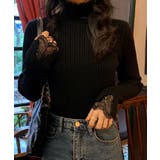 ブラック | レース付きロングスリーブリブニットトップス トップス リブニット | kirakiraShop
