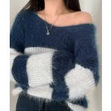 ネイビー | Vネックモヘア風ボーダーニットトップス トップス ニット | kirakiraShop 