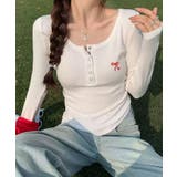 ホワイト | リボン刺繍ヘンリーネックロングTシャツ トップス フィット | kirakiraShop