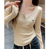 クリーム | リボン刺繍ヘンリーネックロングTシャツ トップス フィット | kirakiraShop