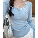 ブルー | リボン刺繍ヘンリーネックロングTシャツ トップス フィット | kirakiraShop