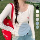 リボン刺繍ヘンリーネックロングTシャツ トップス フィット | kirakiraShop | 詳細画像1