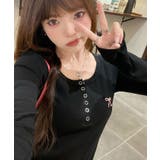 リボン刺繍ヘンリーネックロングTシャツ トップス フィット | kirakiraShop | 詳細画像3