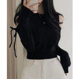 ブラック | オープンショルダーリボンニットトップス トップス ニット | kirakiraShop 