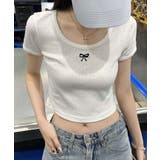 ホワイト | リボン刺繍ショート丈Tシャツ トップス フィット | kirakiraShop