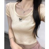 クリーム | リボン刺繍ショート丈Tシャツ トップス フィット | kirakiraShop