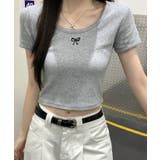 グレー | リボン刺繍ショート丈Tシャツ トップス フィット | kirakiraShop