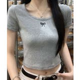 リボン刺繍ショート丈Tシャツ トップス フィット | kirakiraShop | 詳細画像13