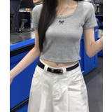 リボン刺繍ショート丈Tシャツ トップス フィット | kirakiraShop | 詳細画像15