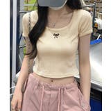 リボン刺繍ショート丈Tシャツ トップス フィット | kirakiraShop | 詳細画像7