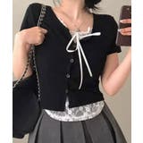 ブラック | レイヤード風リボンレースTシャツ 2色 トップス | kirakiraShop 