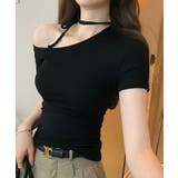 ブラック | ワンオフショルダーチョーカーTシャツ トップス フィット | kirakiraShop 