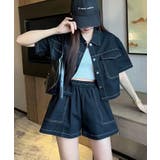 ブラック | ステッチ半袖シャツジャケット+ショートパンツセットアップ セットアップ トップス | kirakiraShop