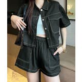 ステッチ半袖シャツジャケット+ショートパンツセットアップ セットアップ トップス | kirakiraShop | 詳細画像2
