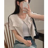 ブルー | ノーカラーツイード半袖ジャケット アウター ジャケット | kirakiraShop 