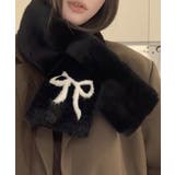 ブラック | リボンフェイクファーティペット フェイクファーマフラー 小物 | kirakiraShop 
