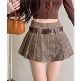ブラウン | ベルト付きチェックプリーツミニスカート スカート ミニスカート | kirakiraShop