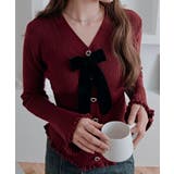 レッド | リボン付きVネックリブニットカーディガン トップス ニット | kirakiraShop 