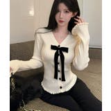 リボン付きVネックリブニットカーディガン トップス ニット | kirakiraShop  | 詳細画像15 