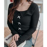 ブラック | リボン襟リブカットソートップス トップス カットソー | kirakiraShop 