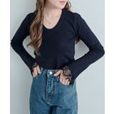 ネイビー | レースフレアスリーブリブニットトップス トップス ニット | kirakiraShop 