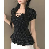 ドット柄×裾フリルペプラムトップス 半袖トップス カットソー | kirakiraShop  | 詳細画像2 