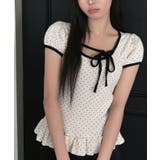 ドット柄×裾フリルペプラムトップス 半袖トップス カットソー | kirakiraShop  | 詳細画像7 