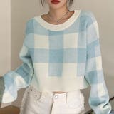 ブルー | 【SHOPLIST限定】ブロックチェックショートニットトップス ニットトップス … | kirakiraShop 