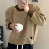 ベージュ | 【SHOPLIST限定】裾ダメージ配色クルーネックニット ニット ダメージ | kirakiraShop 